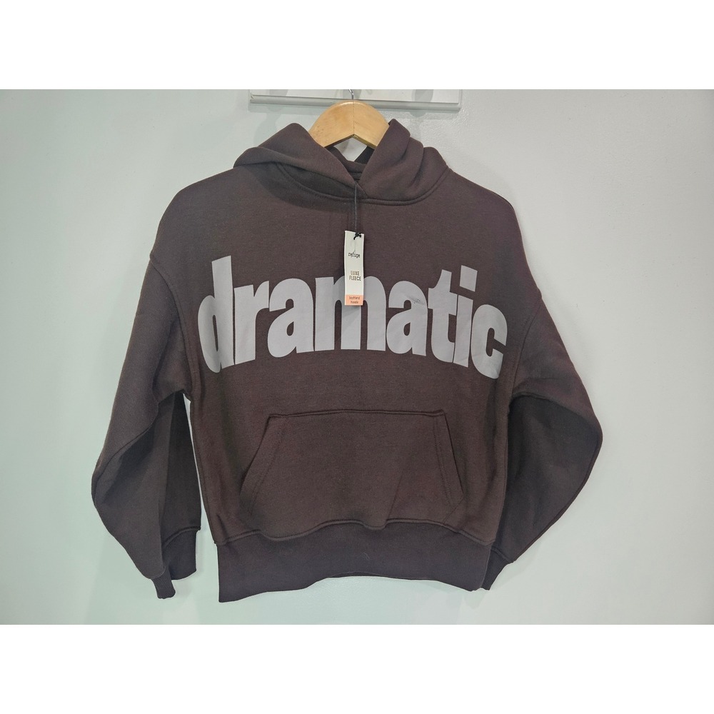 Refuge Luxe Fleece Boyfriend Hoodie Brown Dramatic Graphic Pullover XXS XS NEW
